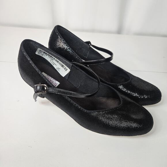 Vintage 90s Black Leather Glitter Mary Jane Round Toe Formal Dress Shoe 10.5 W - Picture 2 of 9